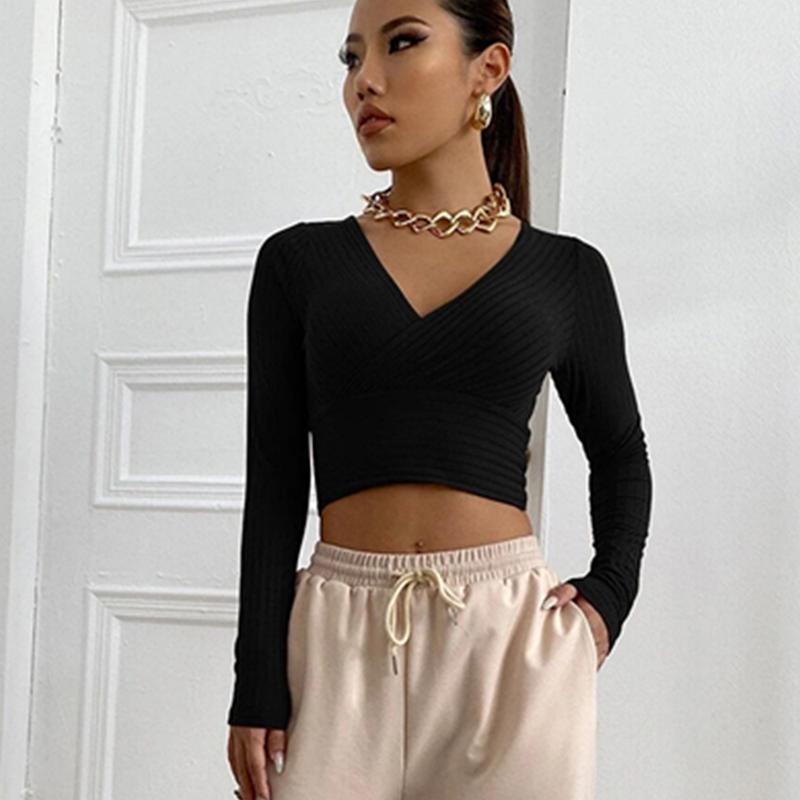 Women's Autumn and Winter V-neck Pullover Solid Color Sexy Slim T-shirt Bottoming Shirt