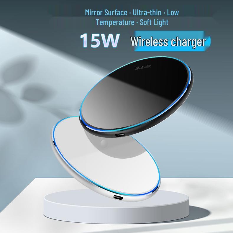 15W Round Mirror Surface Wireless Charger for iPhone 8-16: Cool, Low-Temperature Charging