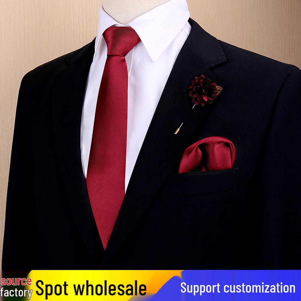 Men's Wine Red Striped Tie, Pocket Square & Brooch Set for Weddings & Banquets