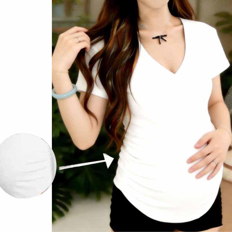 

Korean Style Maternity V-Neck Short Sleeve T-Shirt - Solid Color, Loose Fit, Belly Covering, Slimming Flutter Sleeves, Trendy Summer Wear M (85-105 jin)
