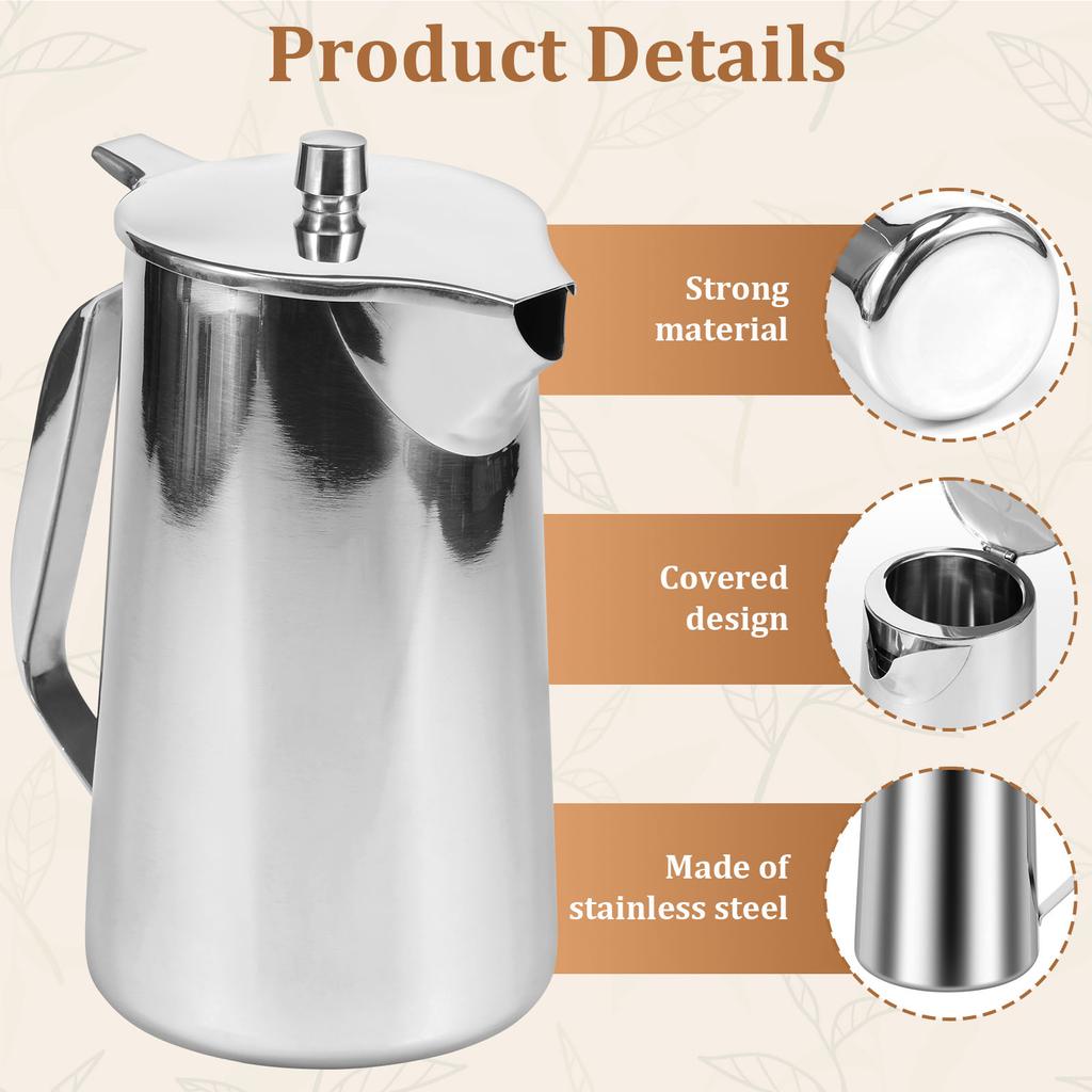 Stainless Steel Water Pitcher with Lid & Handle Large Capacity Cold Drink Kettle Milk Frothing Jug for Beverage Tea Juice Coffee