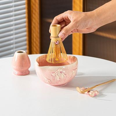 Ceramic Matcha Bowl Smooth Large Capacity Matcha Whisk Stand High Temperature Resistant Bow Pattern Japanese Matcha Set