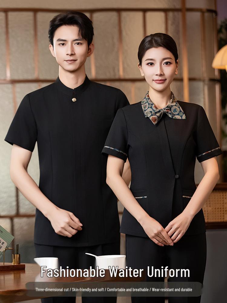 Damen Sommer Kurzarm-Uniform: Chinesischer Stil Catering, Hotel Lobby, Hot Pot Restaurant Empfangskleidung
