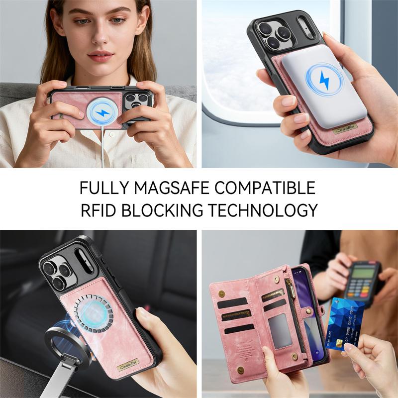 CaseMe Magnetic Flip Leather Phone Case for iPhone 17 Pro Max 17 Air 16 16E 15 Plus 14 13 12 11 XS X XR SE 2022 Zipper Wallet Card Back Cover Coque
