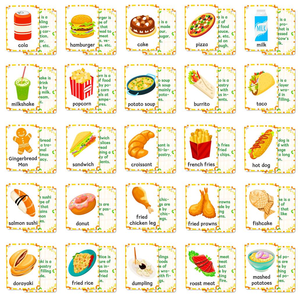 48PCS Food Cognition Flash Cards Children's Early Education Burger Cake Recognition Paper Card English Learning Educational Toys
