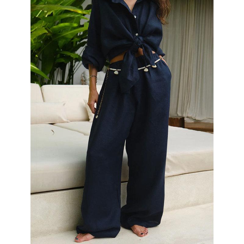 Tooxika Ladies Nova Camisa Solta de Algodão + Conjunto de Calças Largas