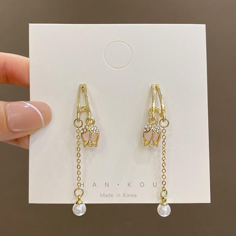 Серьги-гвоздики с тюльпанами Весна/Лето Женственность Жемчужная Кисточка Длинные Серьги Уши