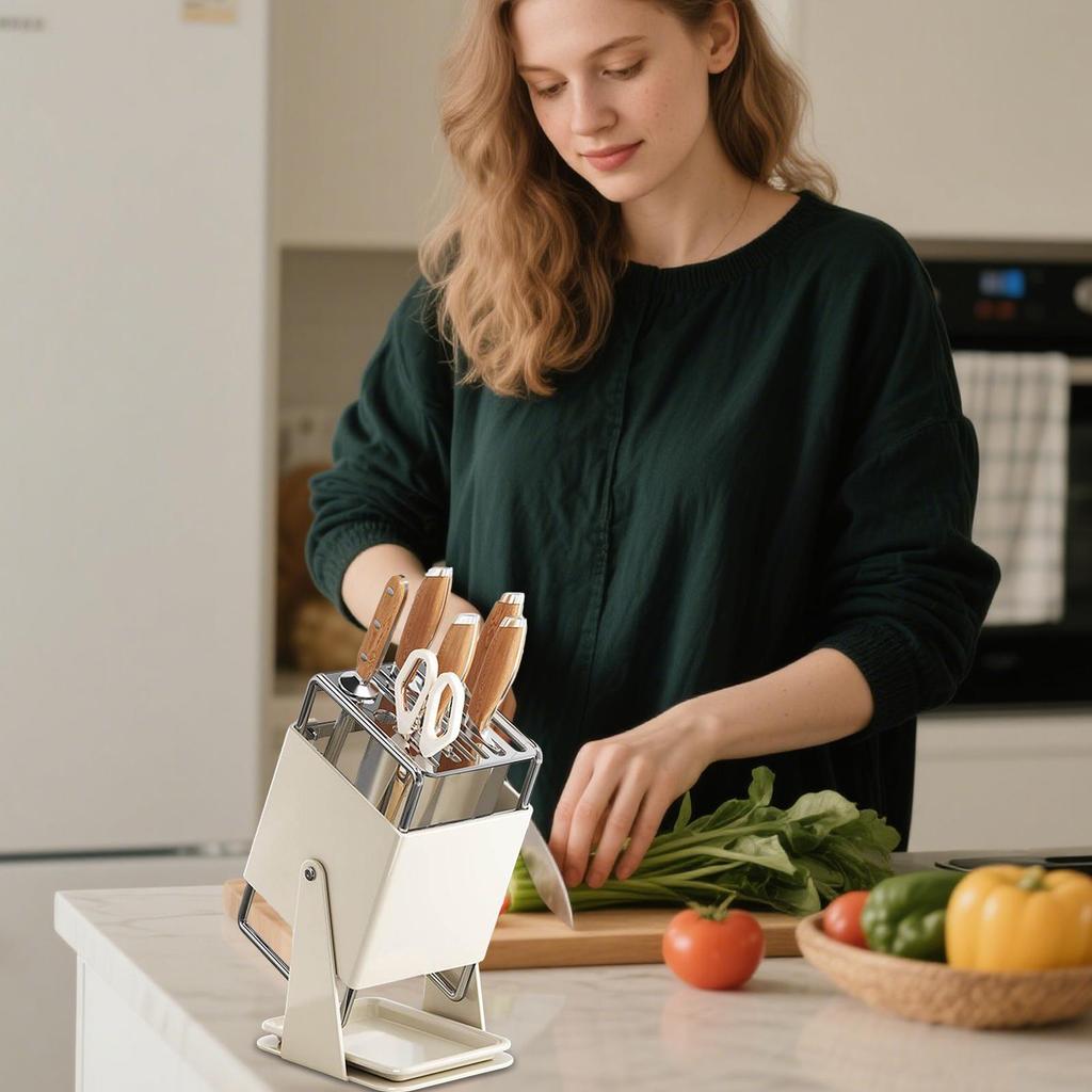 Kitchen Cutter Holder 9-Slot Storage Organizer With Drain Tray 30-Degree Rotating Cutter Organizer For Kitchen Counter