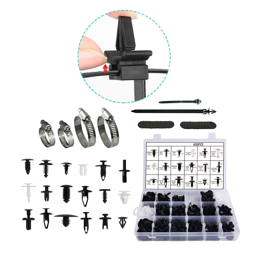 454 Pcs Car Retainer Clips & Plastic Fasteners Kit- Auto Rivets Set with Hose Clamps Door Panel