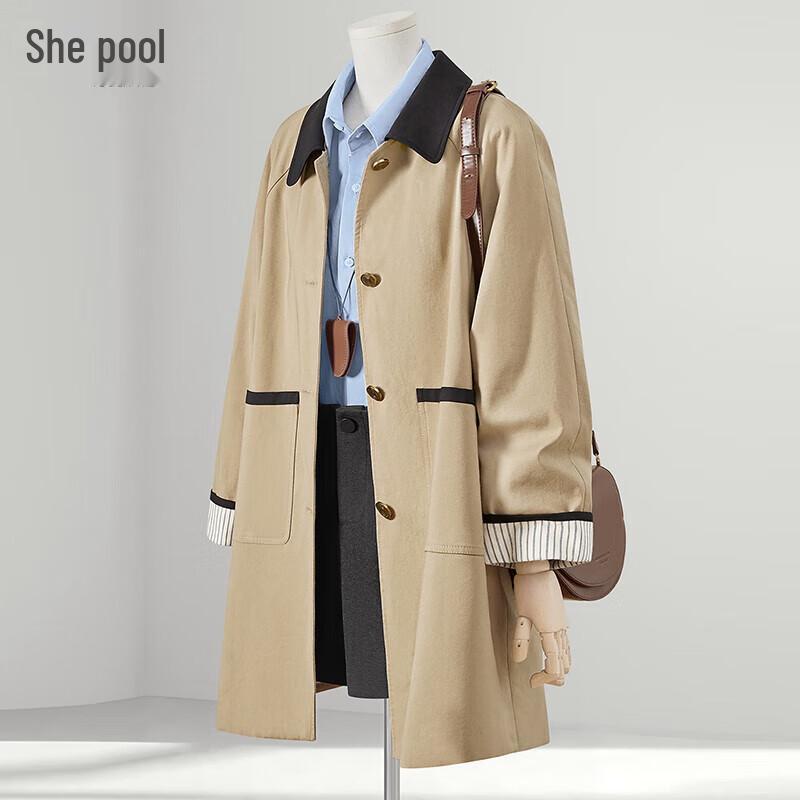 

Women s Color-block Lapel Trench Coat L