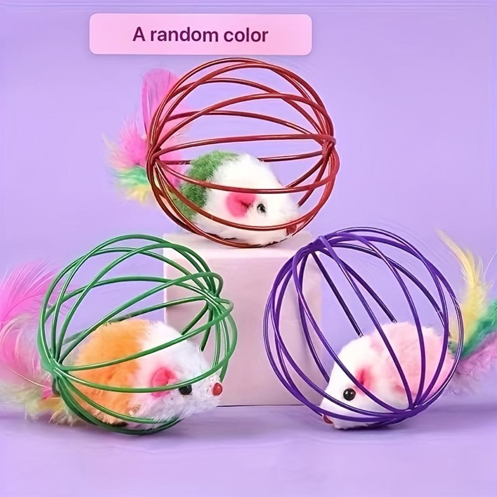 Random Cat Toy Mouse Real Feather Tail Painted Wire Cage Cat Toy Cage Mouse
