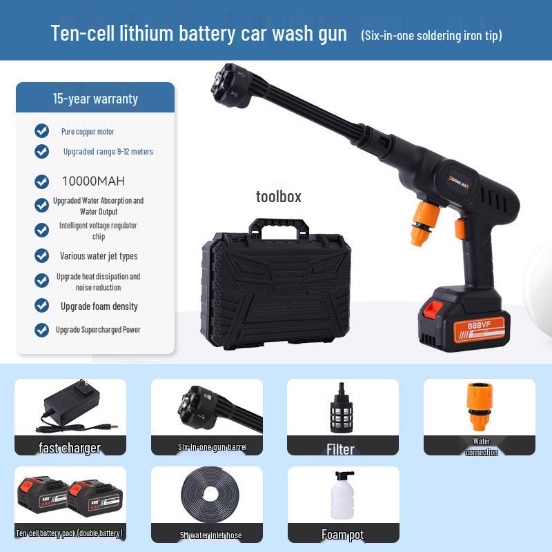 Portable Wireless Lithium Battery Car Washer: 10-Setting High-Pressure Water Gun with Six-in-One Head