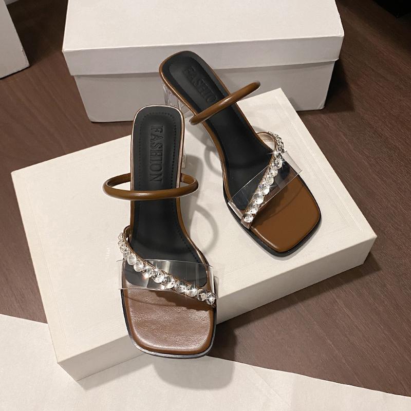 Fashion Summer Crystal Clear Band Square Slippers Women's Fashion Square Head Open Toe Fine Strap Anti-slip Wear-resistant Heels