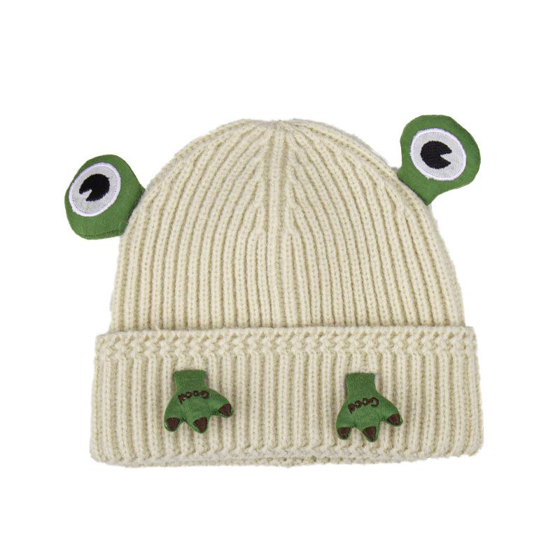 Green frog knitted hat, warm in autumn and winter, new outdoor riding set, ear protection, big eyes, wool hat.