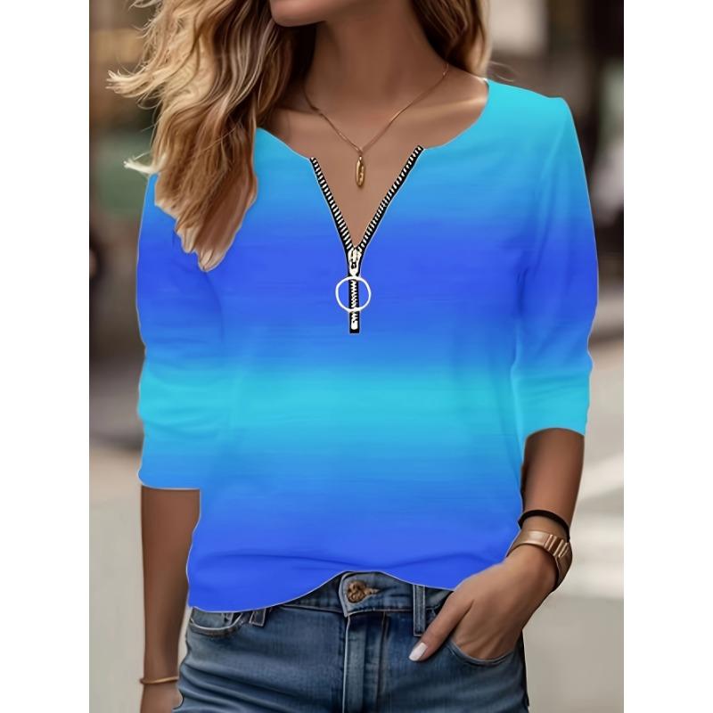 [Gradient Print Zip T-Shirt] Women's Gradient Print Casual Long Sleeve V-Neck Zip T-Shirt