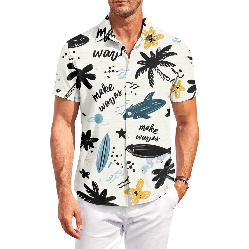 Mens Short Sleeve Collared Shirt with Beach Print Casual Button Down Lightweight Summer Outdoor Top