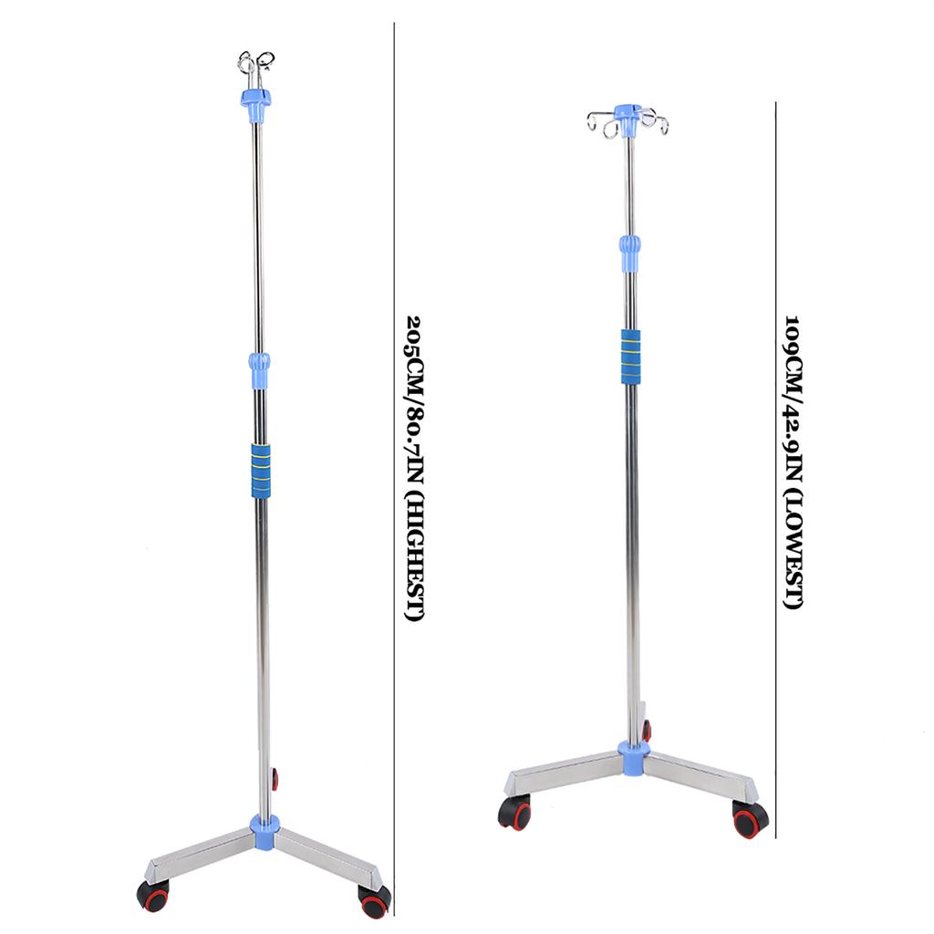 Stainless Steel IV Pole Adjustable IV Drip Stand Infusion Holder with 4 Hooks & Wheels for Home Clinic