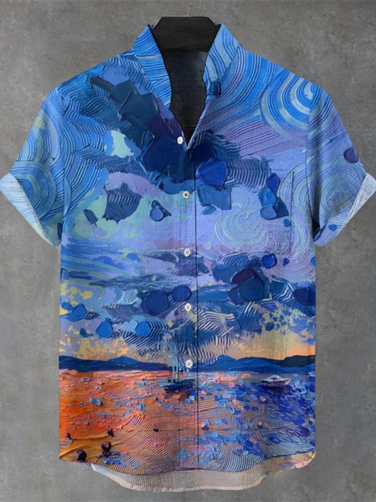 Summer Men's Breathable Linen Shirt Street Fashion Stand up Collar 3D Printing Hawaiian Beach Theme Creative Design