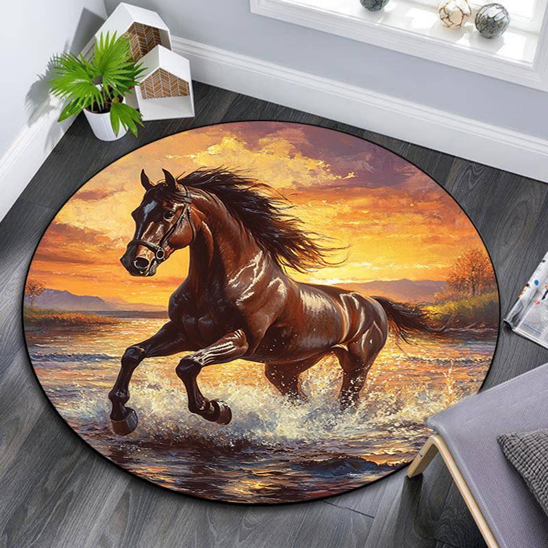 Galloping Horse Round Area Rug,Carpet Rug for Living Room Bedroom Sofa Playroom Decor,Non-slip Floor Mat