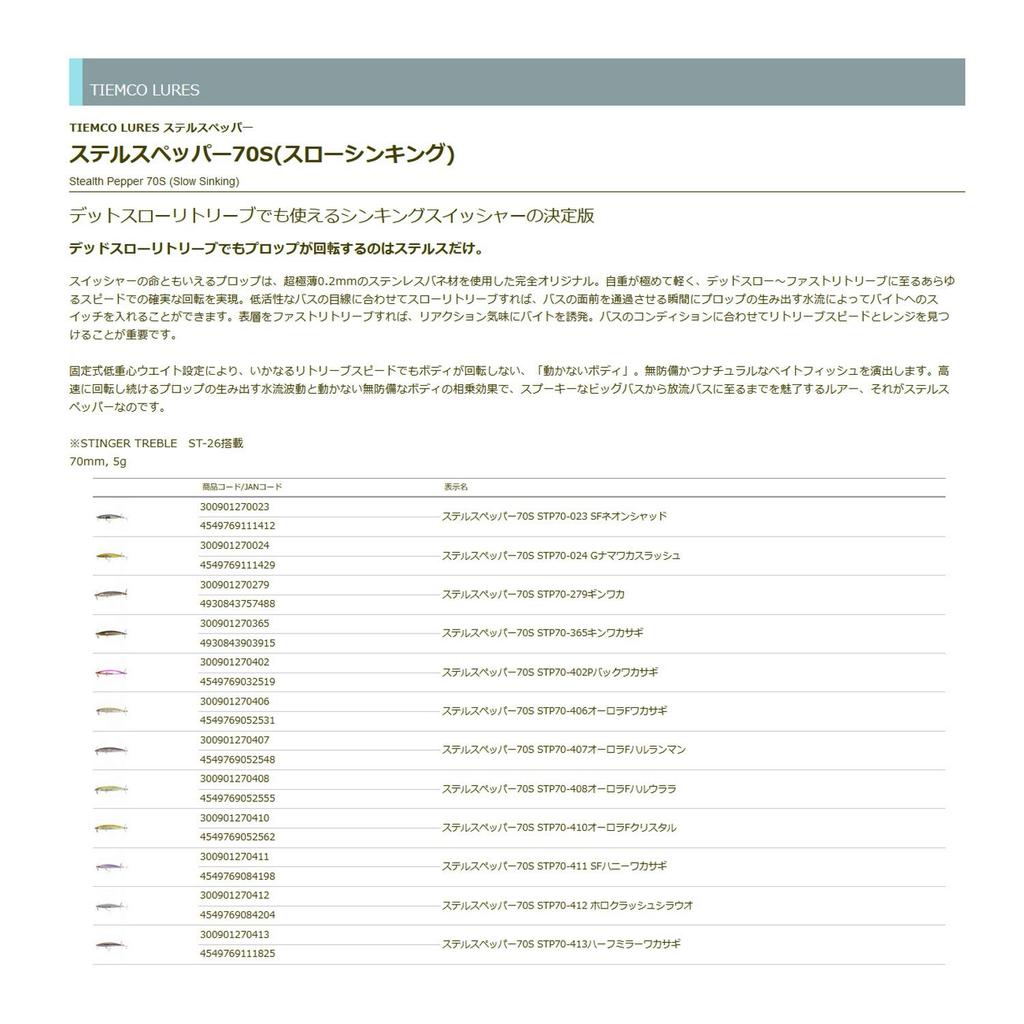 TIEMCO Stealth Pepper 70S STP70-024 G Namawaka Slash 70mm