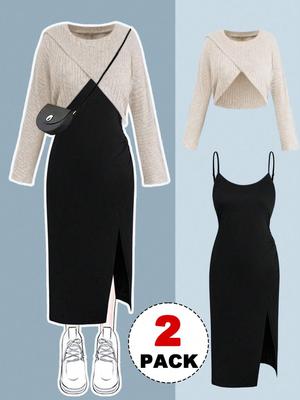 Damen Strick-Cardigan und gespaltenes Camisole-Kleid Set in Übergröße - Koreanischer Stil Herbst/Winter