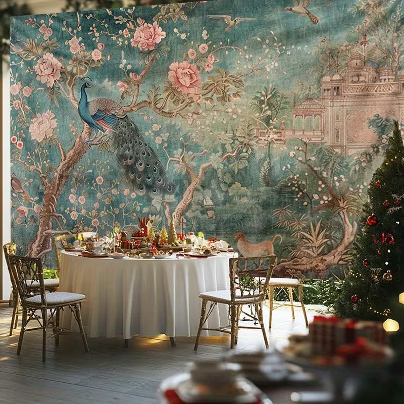 2D Antique Peacock Floral Tapestry Aesthetic Home Background Cloth
