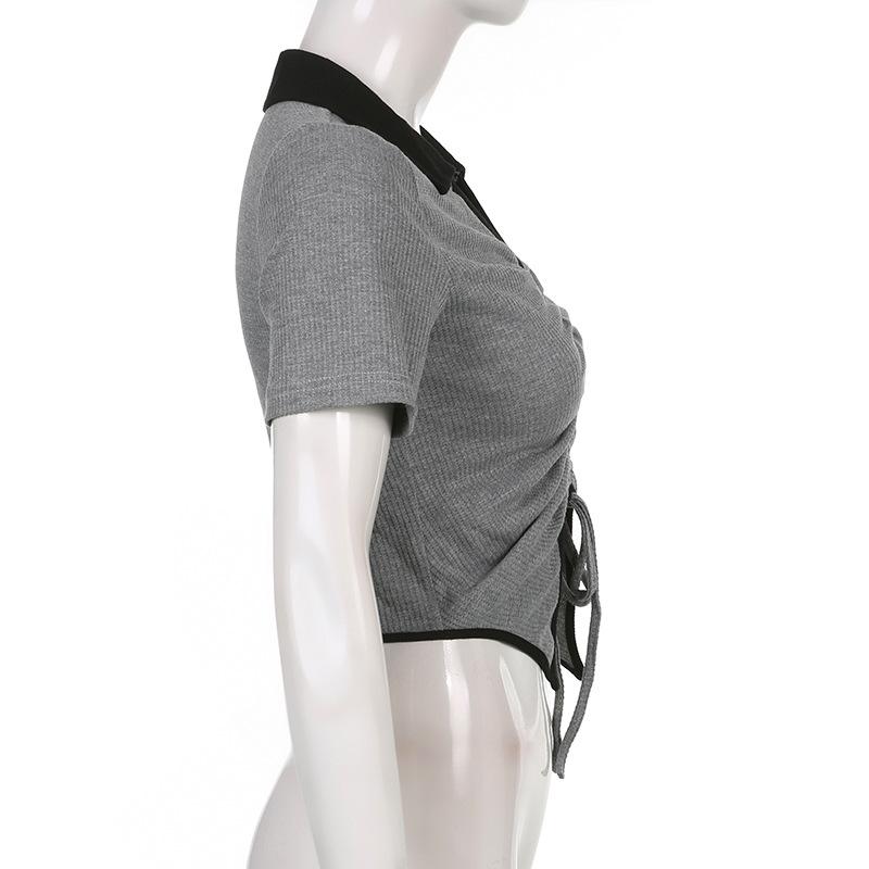 Short Slim Top for Women Vintage V-neck Drawstring Pleated Short Sleeve Top Summer Sexy Irregular T-shirt Gothic Korean Crop Top