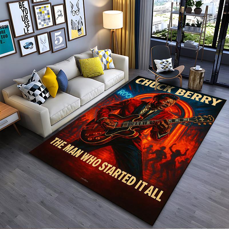 Music Legend Area Rug, Chuck Berry Rock Red Suit Guitar Stage Crowd Poster Print, Rock and Roll Decor, Non-Slip Mat