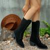 Block Heel High Boots Women's Round Toe Suede Front Lace-Up Anti-Slip Wear-Resistant Single Boots
