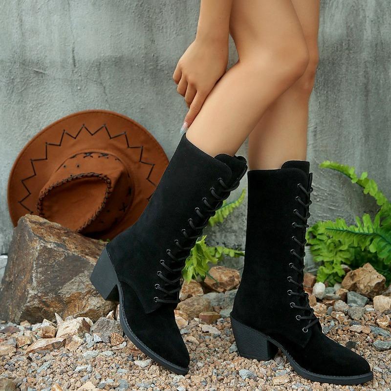 Fashion Block Heel High Boots Women's Fashion Round Toe Suede Front Lace-Up Anti-Slip Wear-Resistant Single Boots