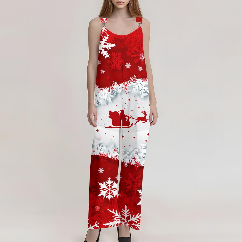 Women's Summer Suspender Jumpsuit with Retro Christmas Print and Non-Adjustable Straps