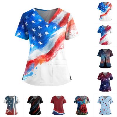 Uniforme de Manga Corta con Estampado del Día de la Independencia para Mujer, Cuello en V, Doble Bolsillo, Dobladillo con Abertura - Top para Cuidador