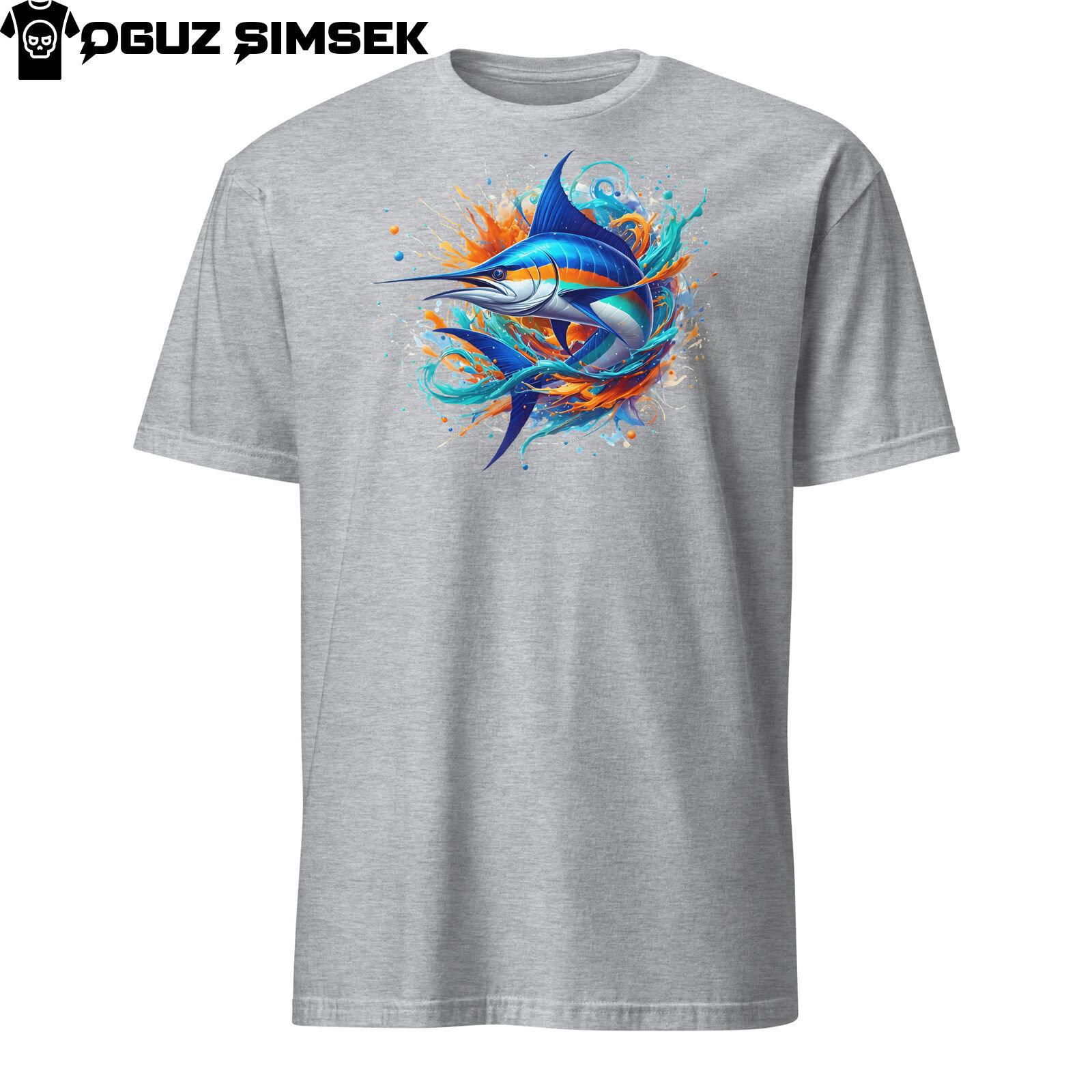 Blue Marlin Splash Unisex T-Shirt Mens Womens Tees Top | Colorful Ocean Fish Tee | Short Sleeve Shirt XL