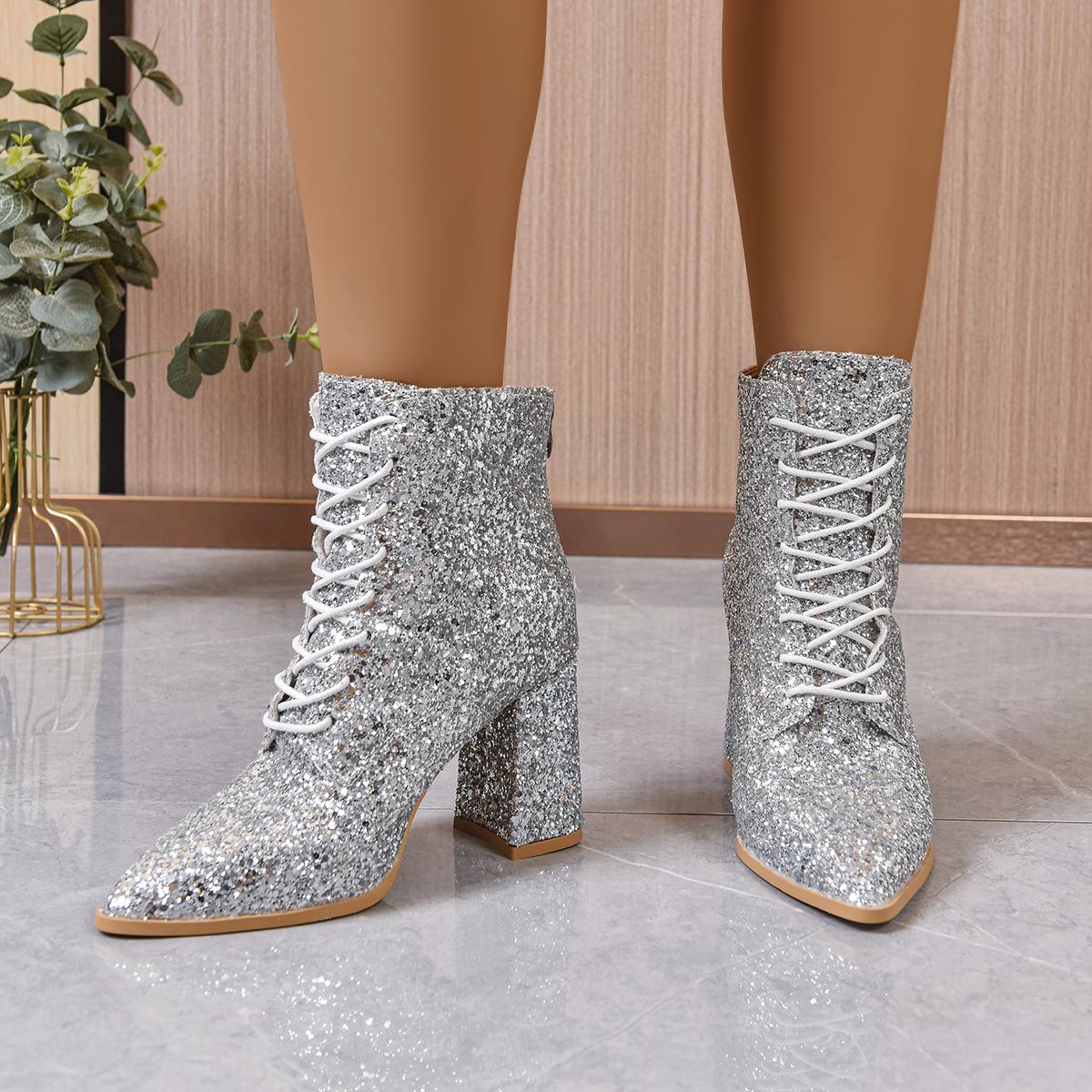 

Модные Элегантные Женские Ботильоны Зимние На Шнуровке Блестящие Модные Ботинки До Середины Икры Женские Большого Размера Сексуальные Роскошные Туфли на Высоком Каблуке Женские 36 серебряный