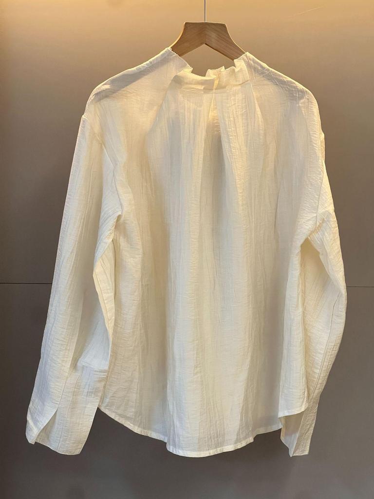 Available: Off-white Pleated Stand Collar Long Sleeve Shirt for Women - Spring/Summer 2026 Collection