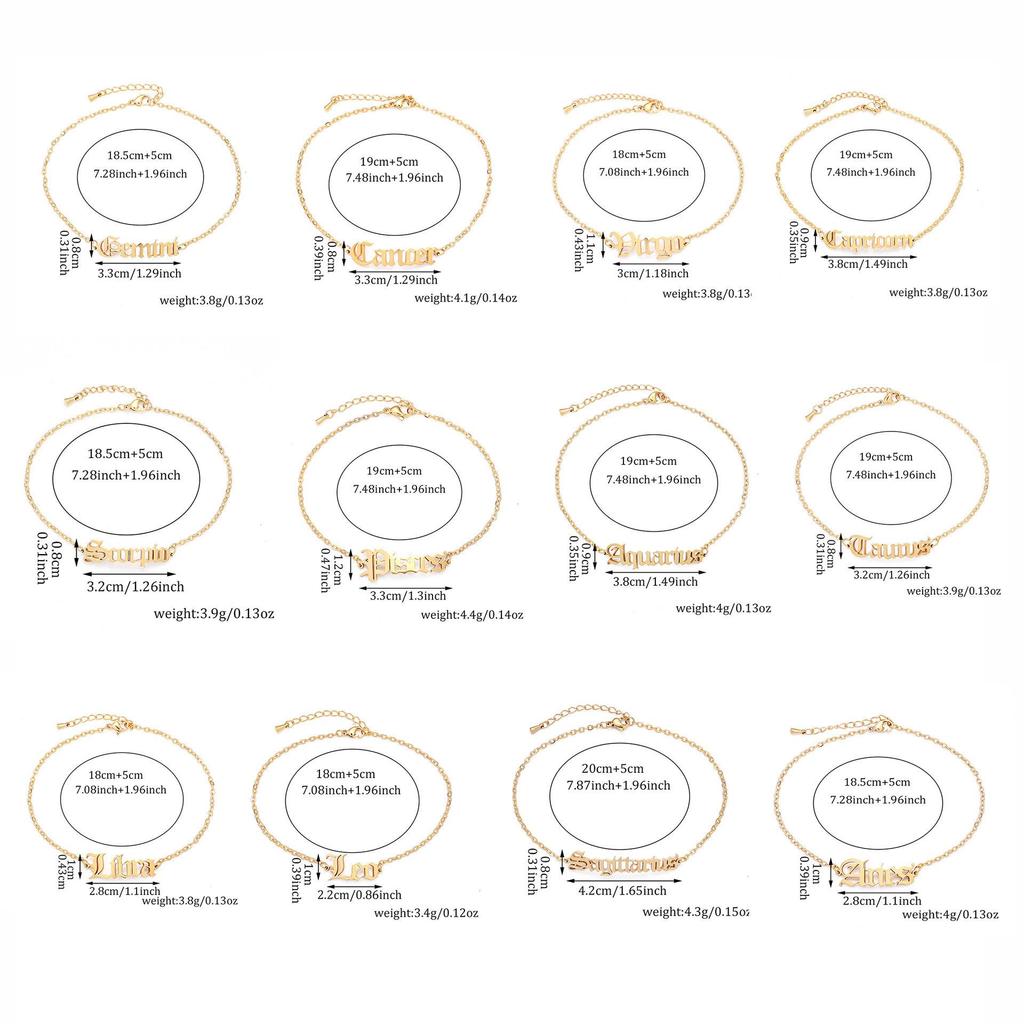 12-Piece Retro European & American Bracelet Set with Constellation Pendants and English Letters - Unisex Fashion Accessory