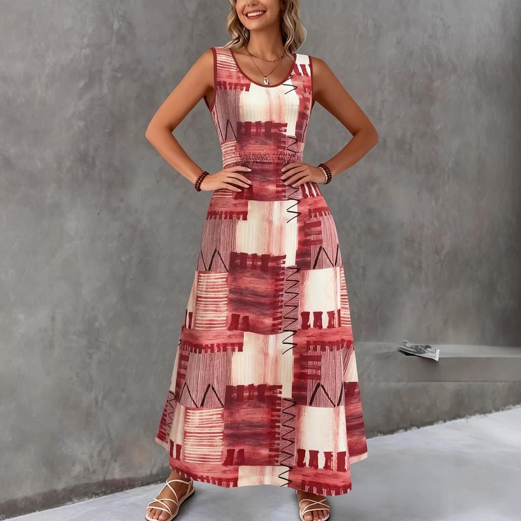 Summer Women's Geometric Print Maxi Dress Sleeveless Crew Neck Pocket Casual A-Line Long Sundress Vintage Loose Beach Vacation Dress
