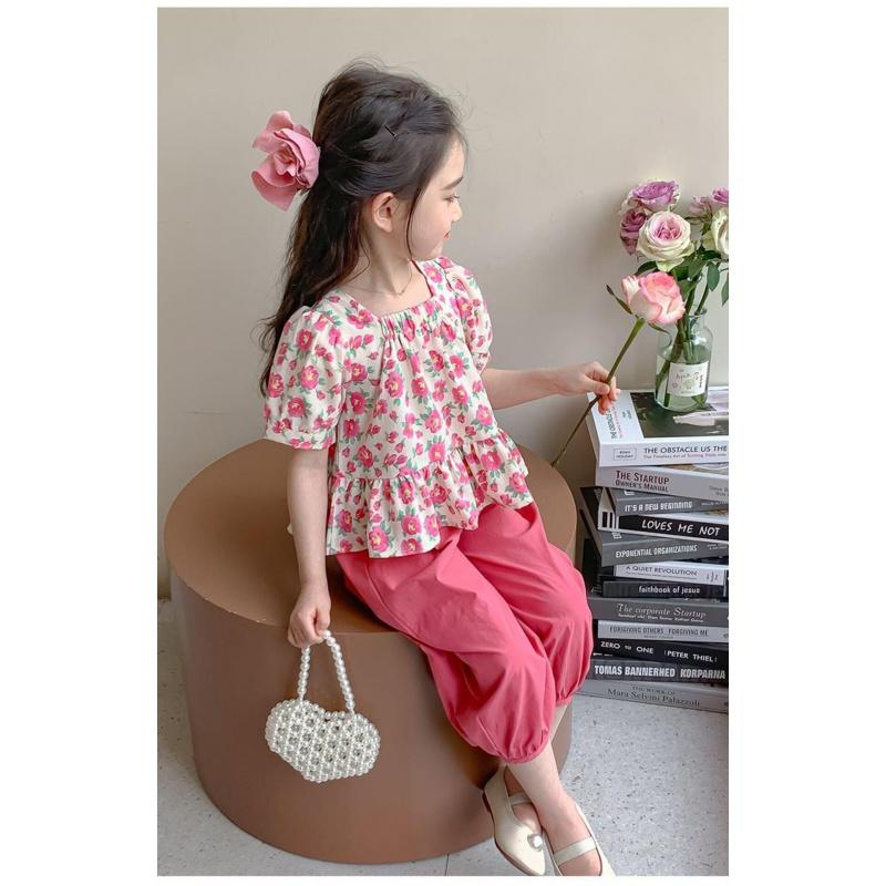 New Stylish Summer Outfit For Girls: Short-Sleeved Floral Dress With Square Collar For Little Girls And Toddlers Casual And Fashionable