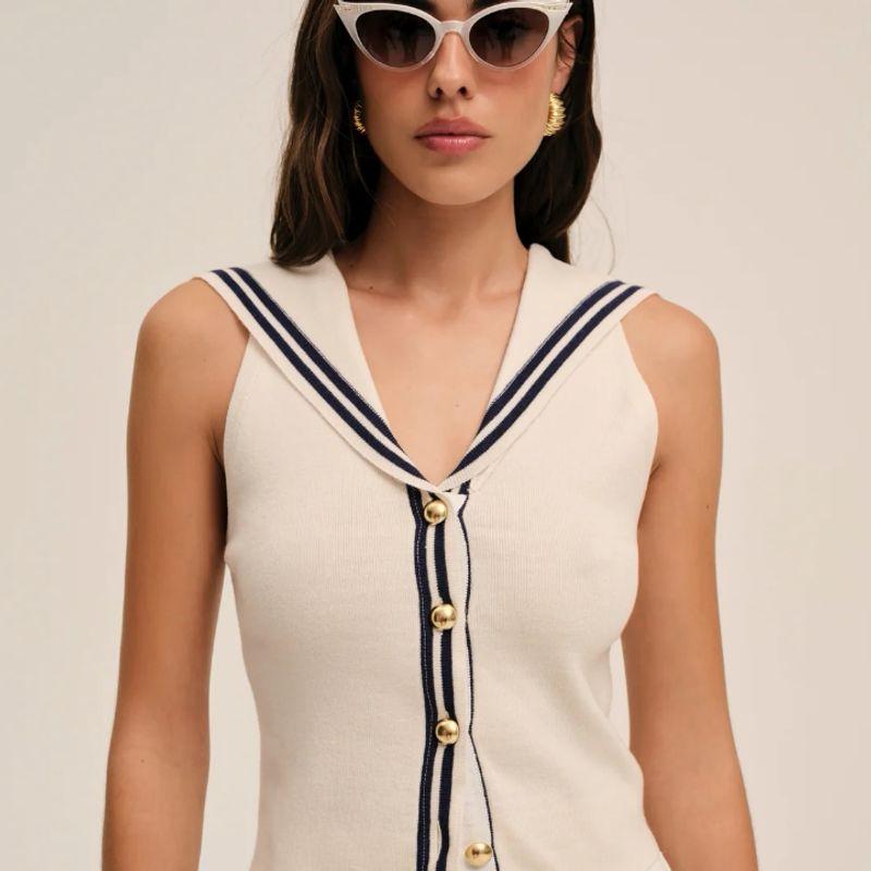 Zbzr Spring New Women clothes Western Style Fashion Temperament Versatile Sailor Collar Contrast Color Sleeveless Knit vest Top