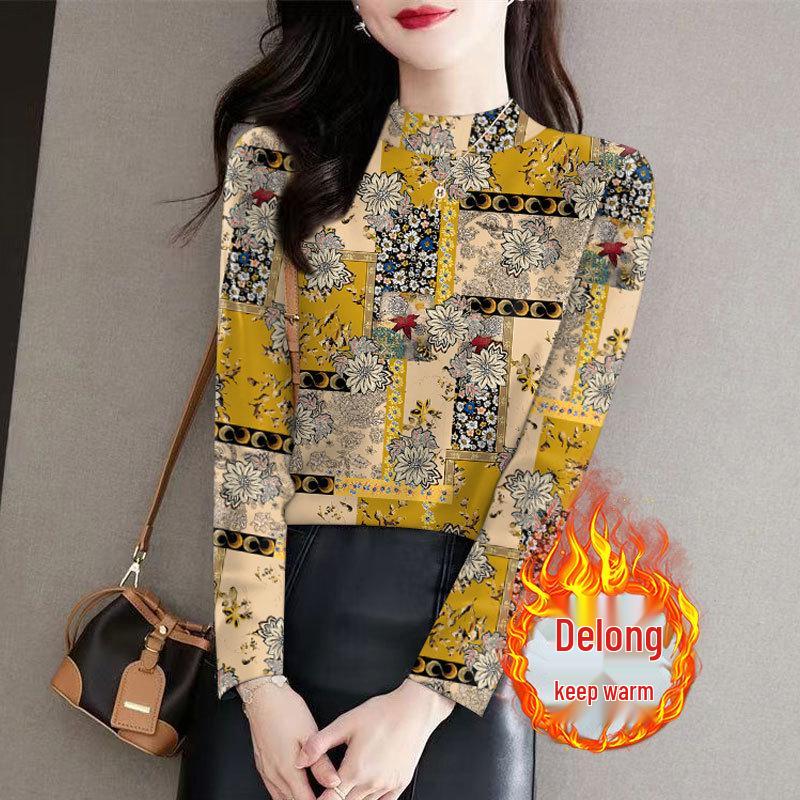 

Ribbed Velvet Floral Print Long Sleeve Base Layer Shirt for Women - Retro Mid-High Neck Top. 3XL [135-150 kg]