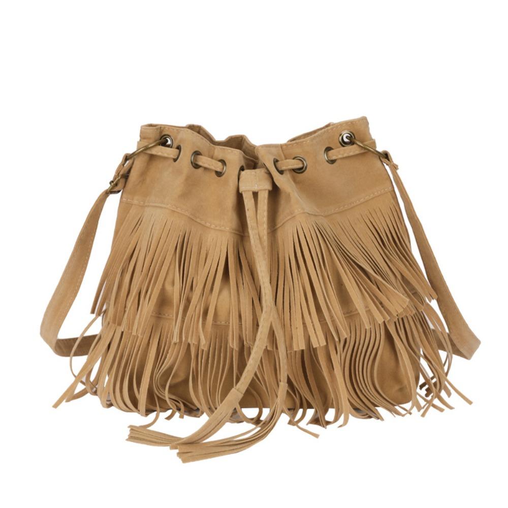 Korean Style Suede Handbag PU Leather Drawstring Bucket Bag Fashion Tassel Shoulder Bag  Women