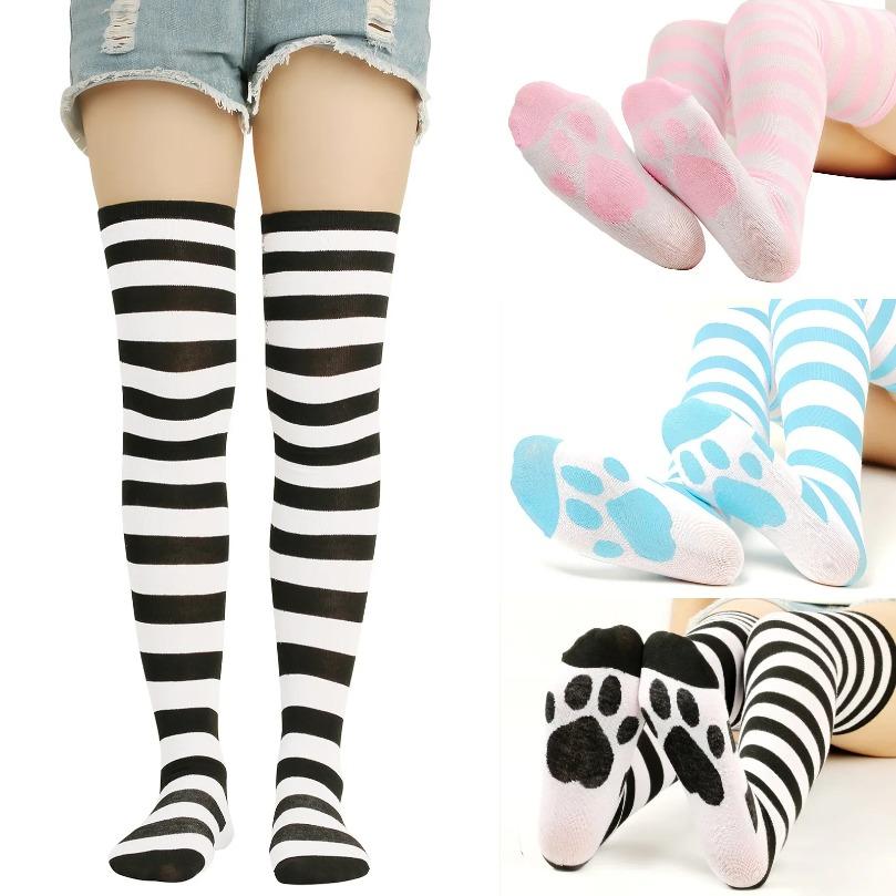 Über dem Knie Socken Damen Gestreift Oberschenkelhohe Strümpfe Katzenpfote Damen Mädchen Schwarz Weiß Rosa Lang Cosplay Lolita Harajuku Y2K