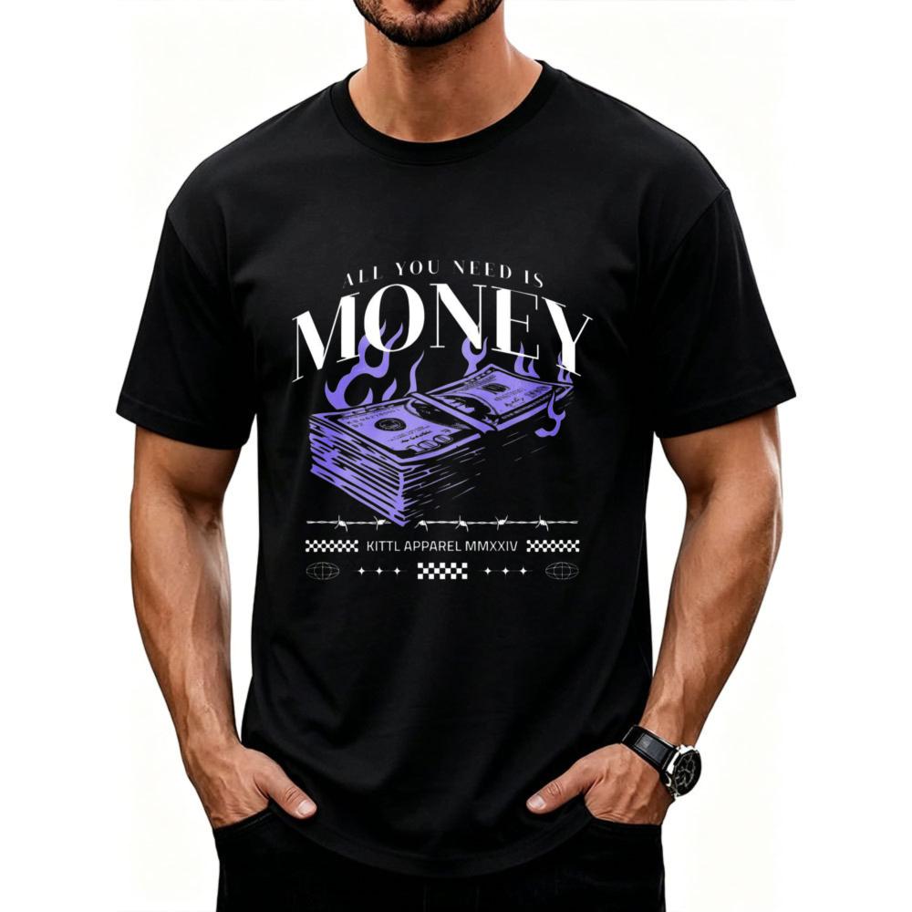 All You Need Is Money Purple Flame Stacked Dollar Bill Print Cotton Tshirt Retro Entrepreneur Casual Wealth Theme Party Gift Top