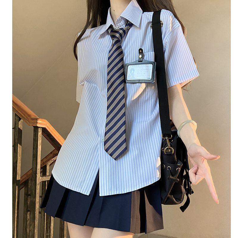 Women's Japanese JK Uniform Style Striped Short Sleeve Blouse - Versatile & Chic Summer Top