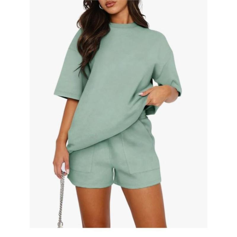 Fashion Summer Solid Casual Suit Elegant Casual O Neck Short Sleeve Short Pants Set Of 2 Pieces Holiday Womens Clothing