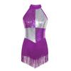Womens Latin Dance Costume Sleeveless Backless Color Block Design Shiny Sequins Tassels Leotard