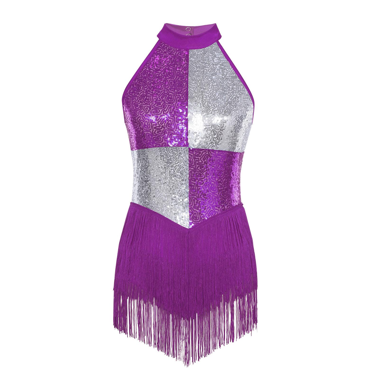 

Womens Latin Dance Leotard Sleeveless Backless Design Color Block Shiny Sequins Tassel Detail Performance Costume S фіолетовий