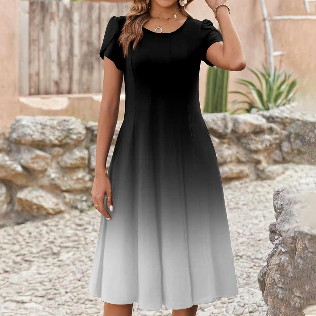Women's Casual Fashion Round Neck Printed Short Sleeve Pocket Dress