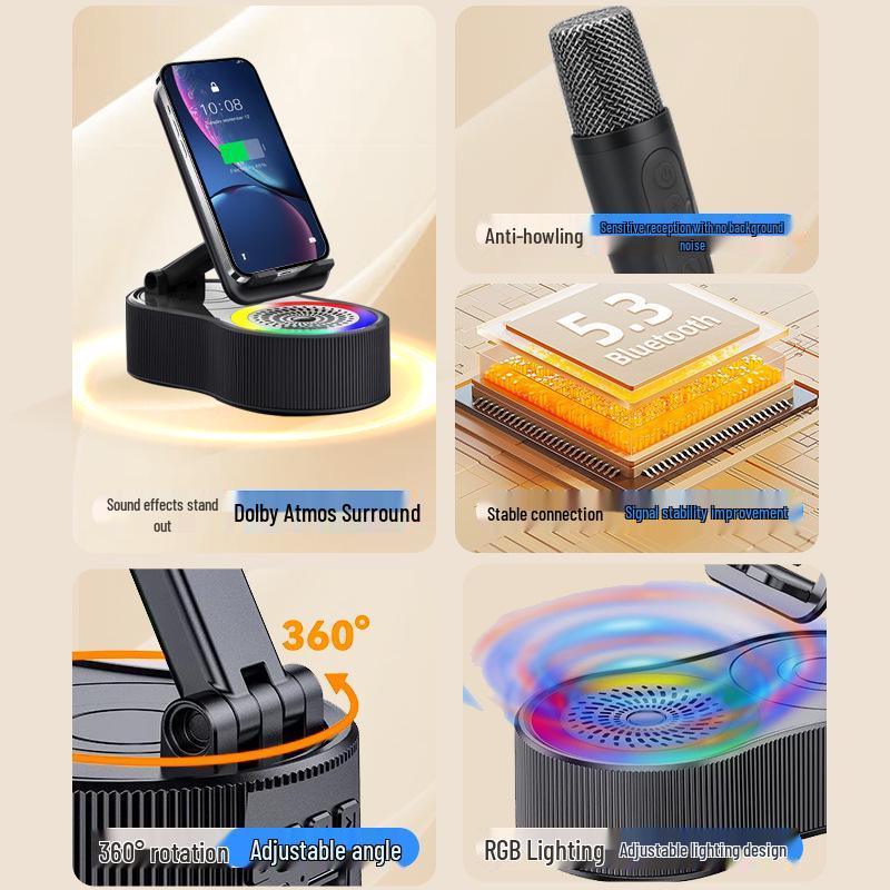 Portable Multifunction Bluetooth Speaker: 5-in-1 Karaoke, Power Bank, RGB Light, Phone Stand