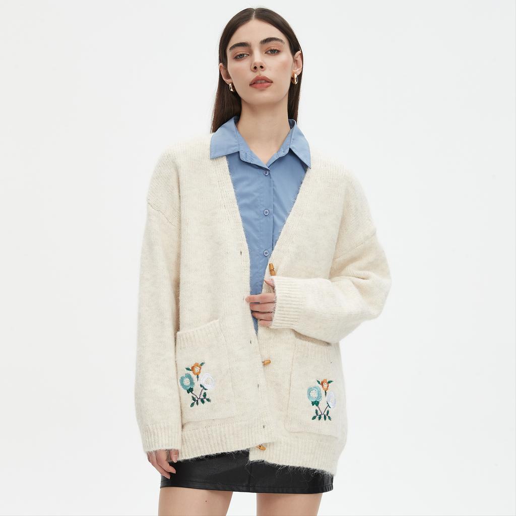 Dimanaf 2025 Sweaters Buttons Embroidery Print Cardigan Autumn Pockets Women Print Sweaters Knitting Loose Sweater
